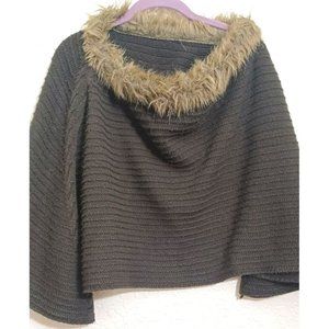 Chico's Knit Linda Poncho Faux Fur Neckline Cape Brown One Size Plus